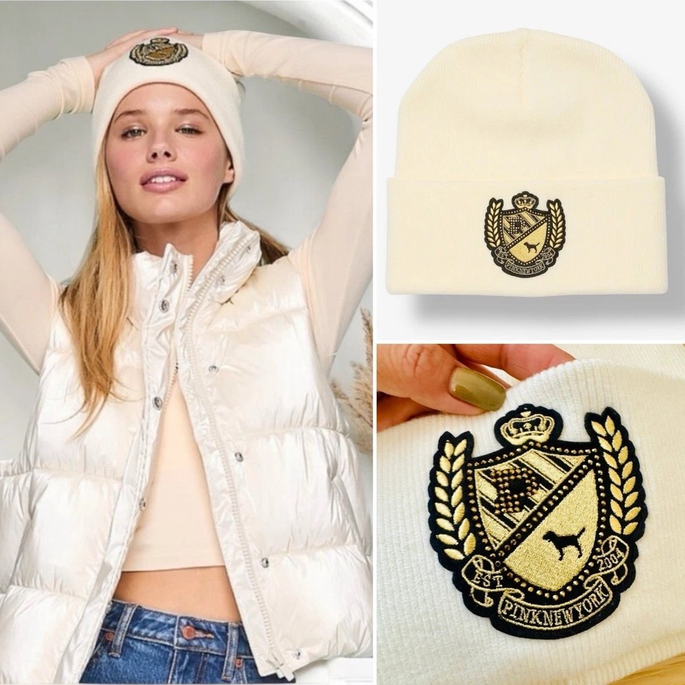 Victorias Secret PINK Ribbed Knit Beanie Gold Patch OS Preppy Varsity Y2K Fall
